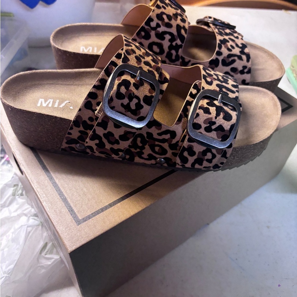 MIA Leopard Print Sandals with Black and Tan Accents - Picture 2 of 3